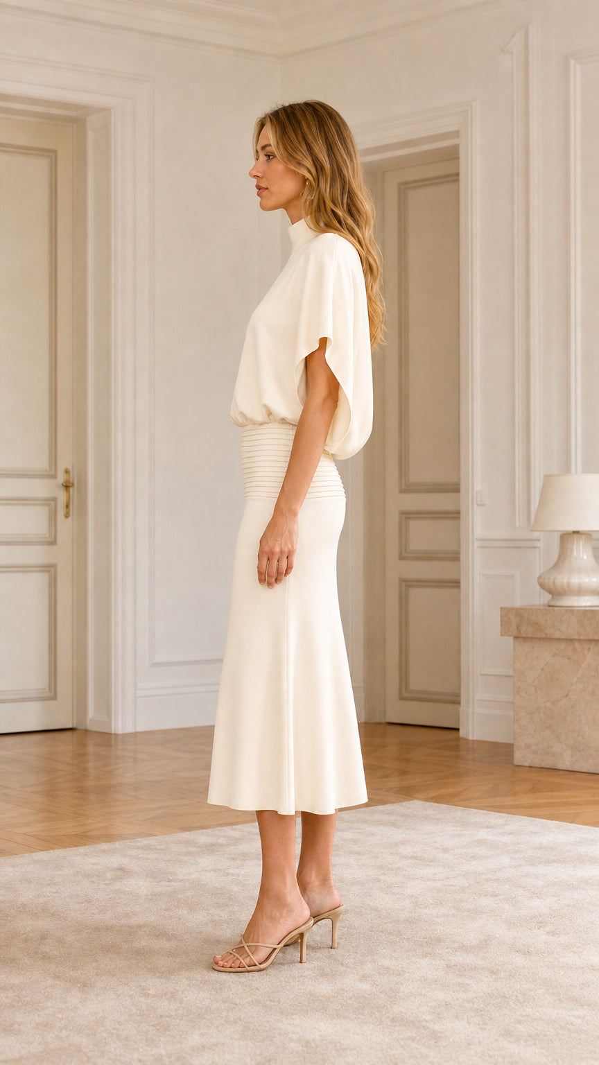 Side profile view of cream midi dress
