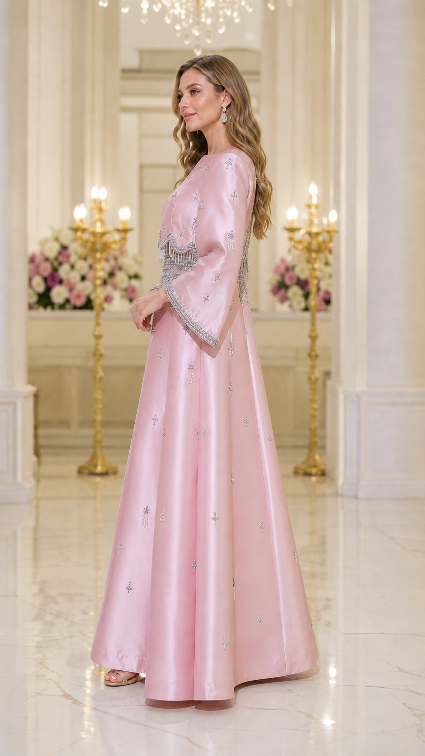 Side profile of model in pink evening gown