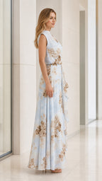 Side profile of model wearing Light Blue floral maxi dress