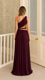 Back view of burgundy formal maxi dress