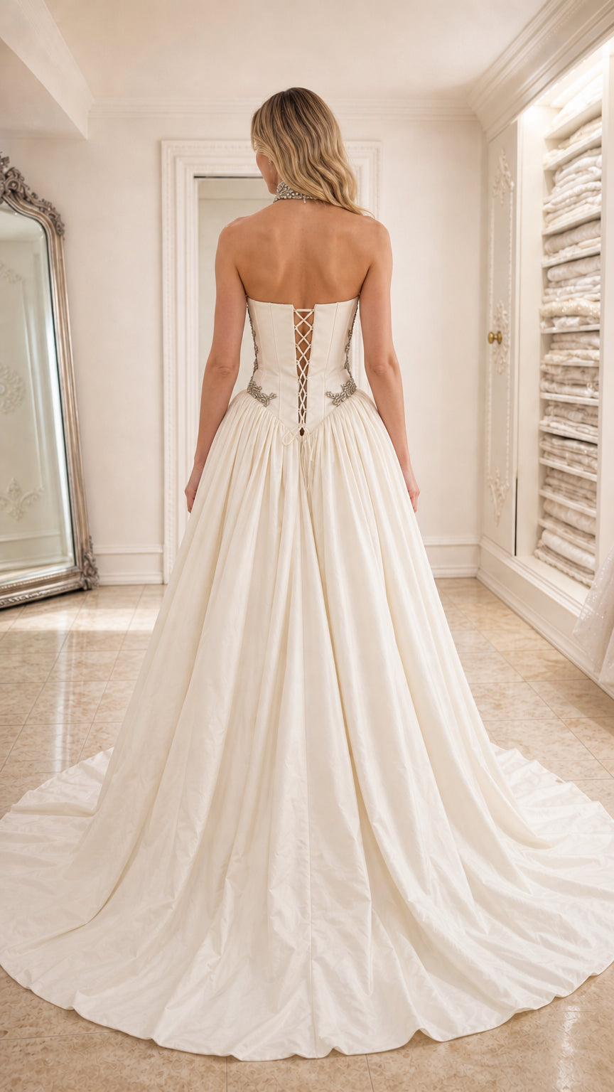 Back view of ivory gown with lace-up corset detail