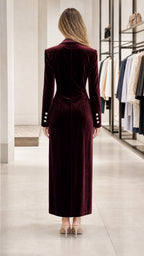 Back view of tailored long velvet blazer dress