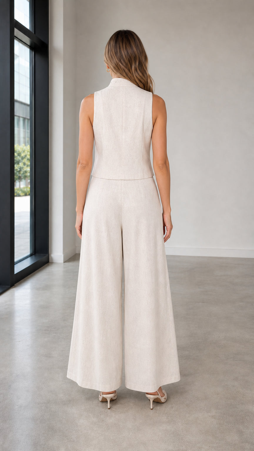 Back view of woman wearing beige vest and trousers