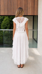 Back view of model showcasing lace back detail on white set