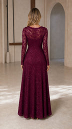 Back view of burgundy lace evening gown