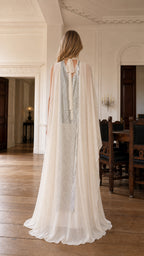 Back view of ivory maxi dress showing cape ties