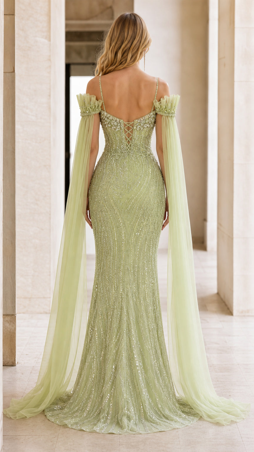 Back view of sage green evening dress with lace-up back