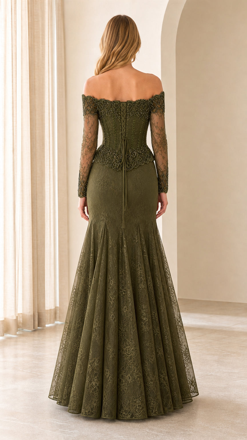 Back view of olive mermaid lace formal gown