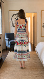 Back view of woman wearing white floral print midi dress