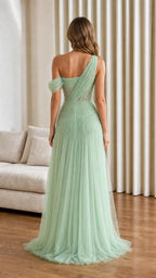 Back view of sage green one-shoulder formal gown