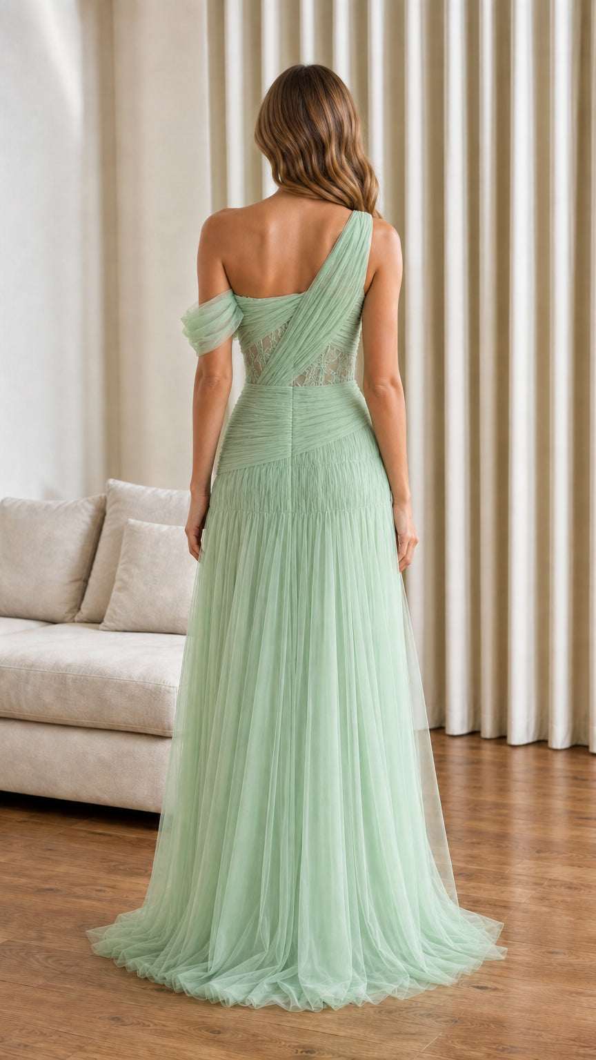 Back view of sage green one-shoulder formal gown