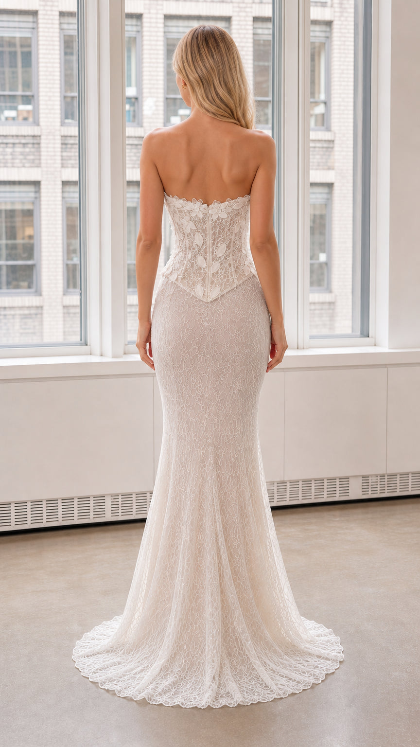 Back view of white strapless mermaid evening dress