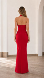Back view of model in red sleeveless maxi dress