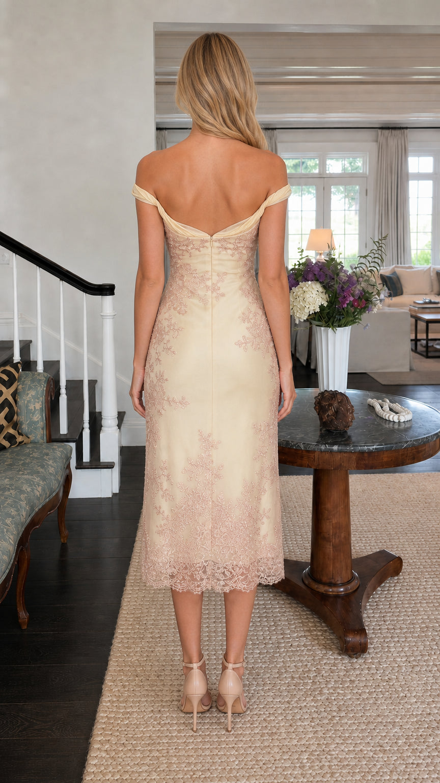 Back view of champagne embroidered off-the-shoulder midi dress