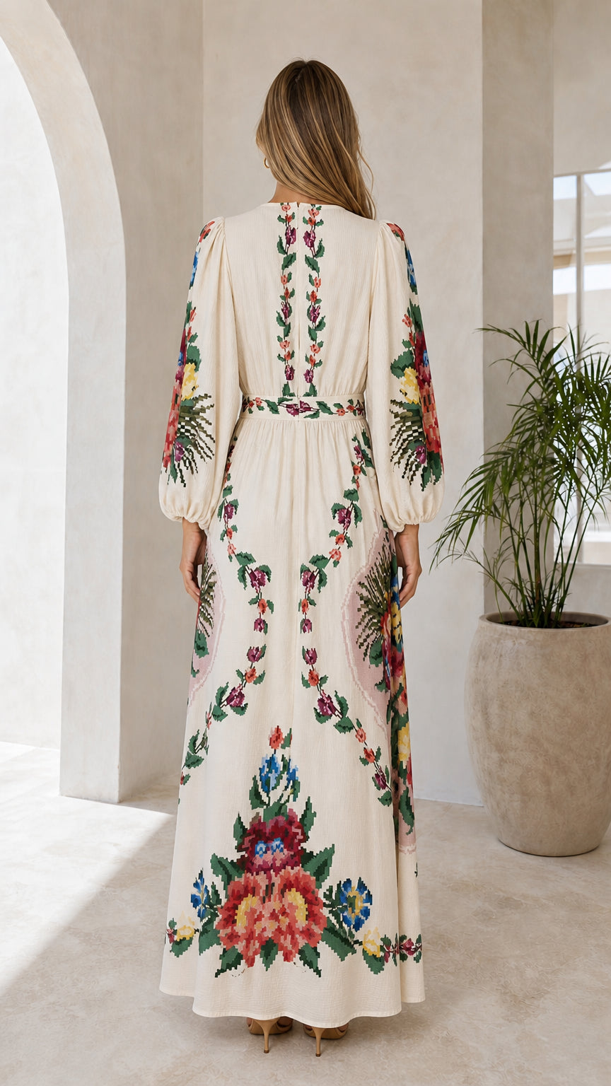 Back view of cream floral embroidered maxi dress