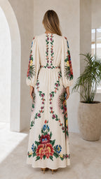 Back view of cream floral embroidered maxi dress