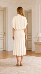 Back view of cream midi dress
