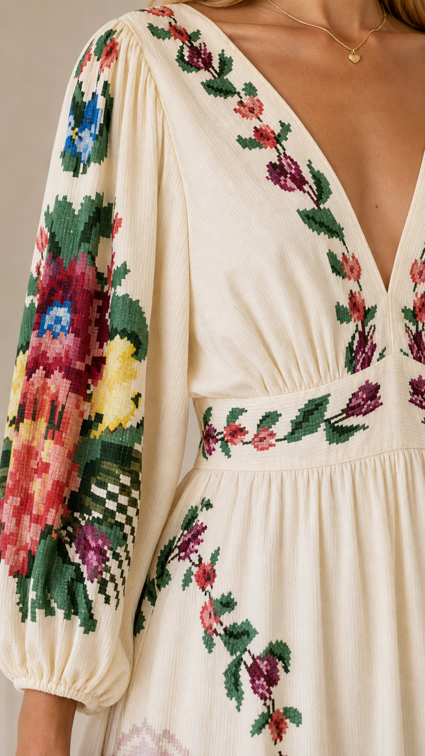 Close-up detail of embroidery on cream dress bodice and sleeve