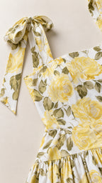 Close-up of tie strap and rose floral print detail
