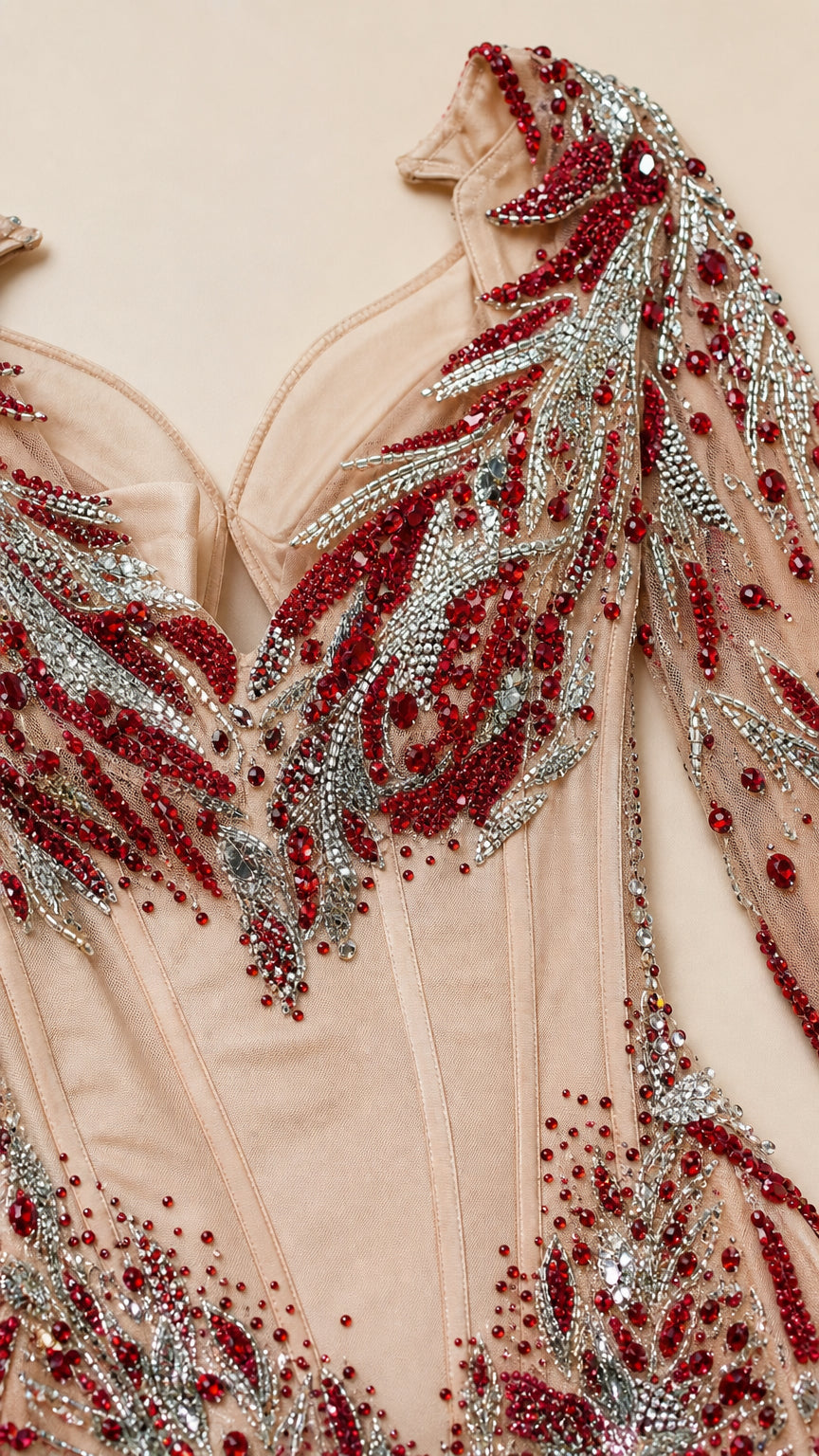 Close-up detail of the crystal and bead embroidery on bodice
