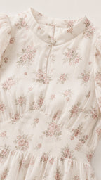 Close-up of neckline and fabric detail of floral maxi dress