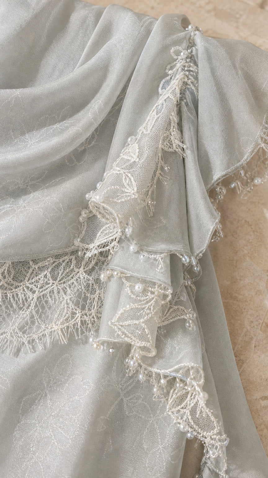 Close-up detail of lace trim, ruffles, and bead embellishments