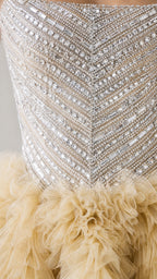 Close-up detail of silver sequin and crystal embellished bodice
