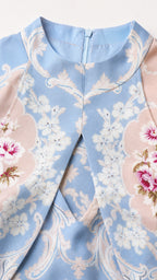 Close-up detail of halter neckline, keyhole, and fabric texture