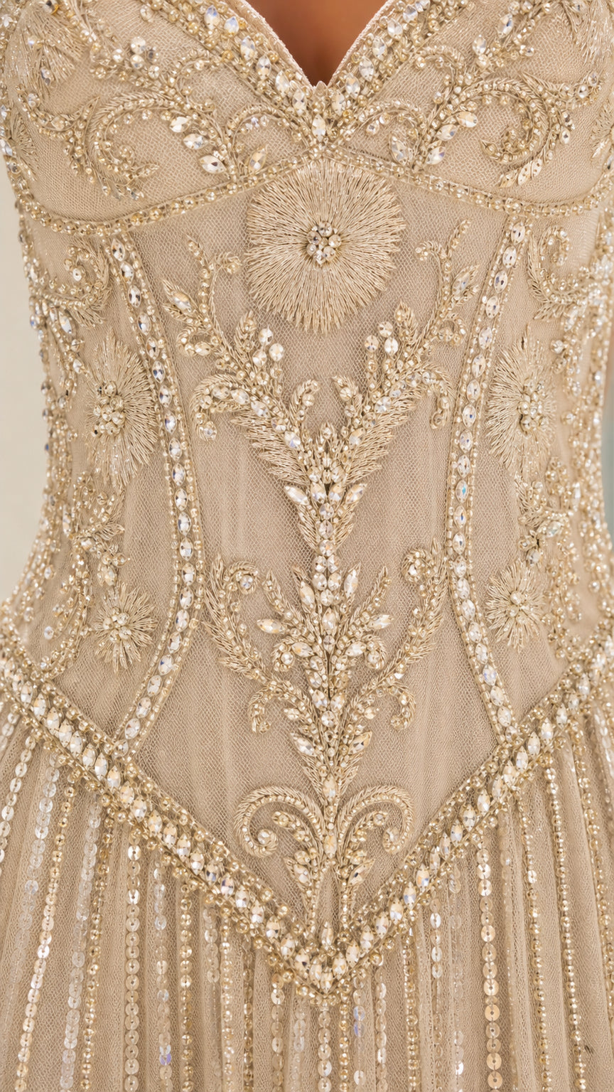 Close-up detail of bodice embroidery and beadwork