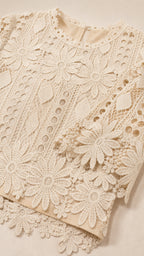 Close-up detail of Beige floral lace pattern and neckline