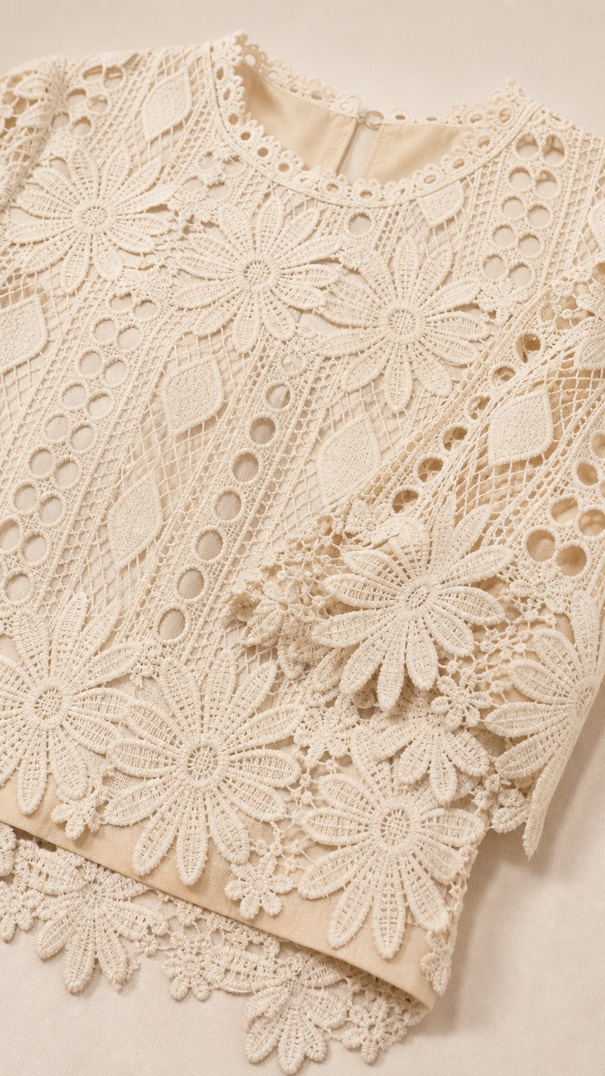 Close-up detail of Beige floral lace pattern and neckline