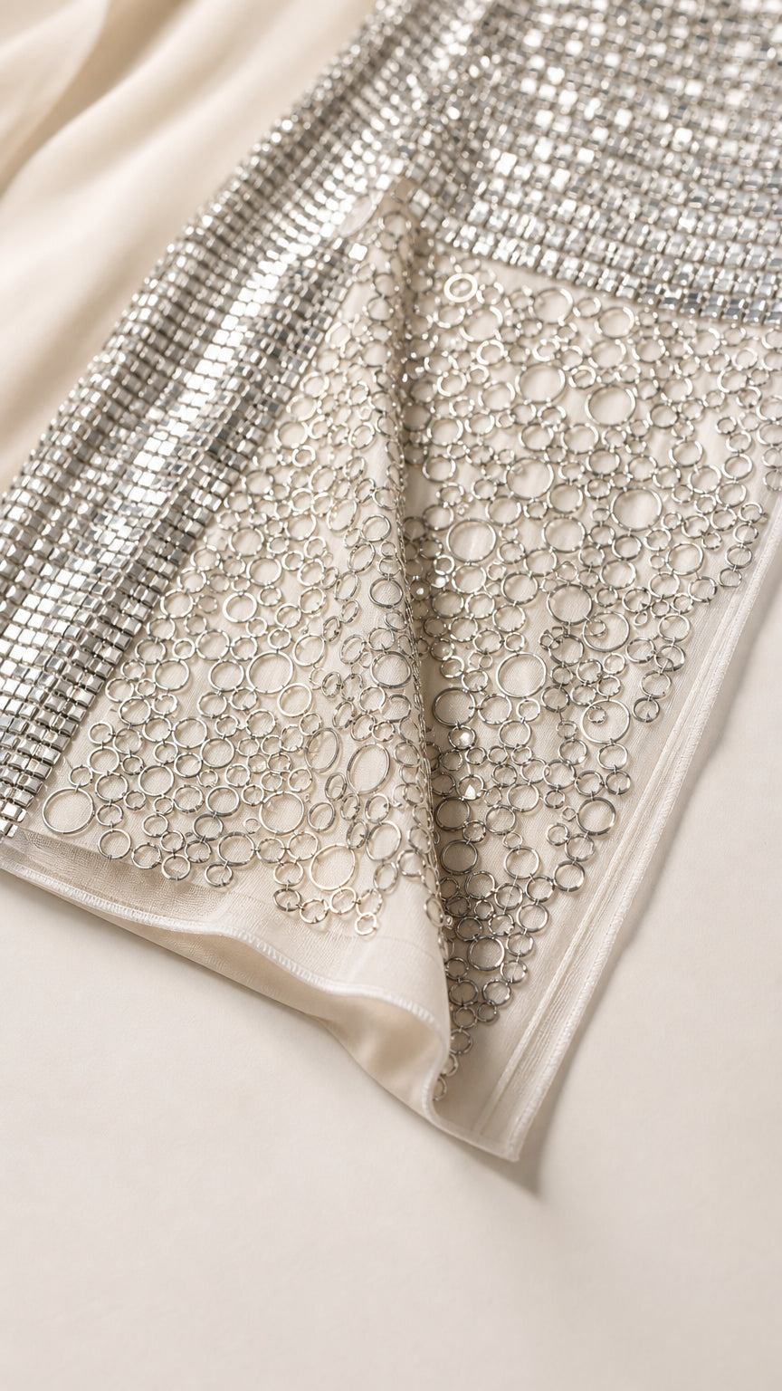 Close-up detail of sequin and metallic ring embellishments on fabric