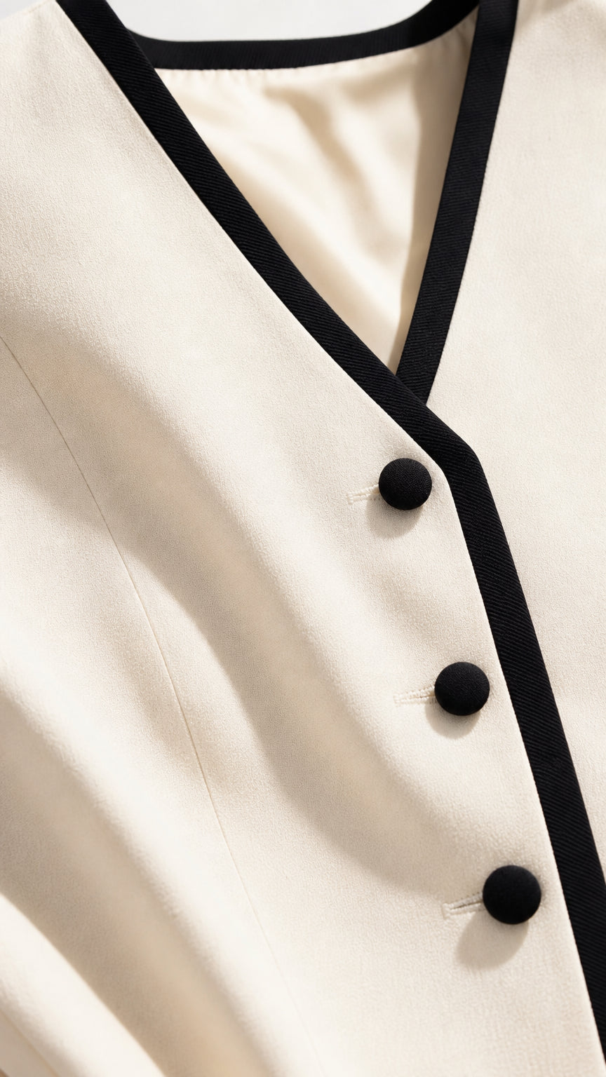Close-up of vest neckline, buttons, and fabric texture