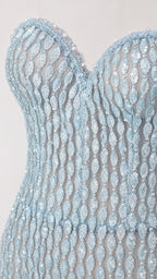 Close-up of sequin pattern and sweetheart bustier