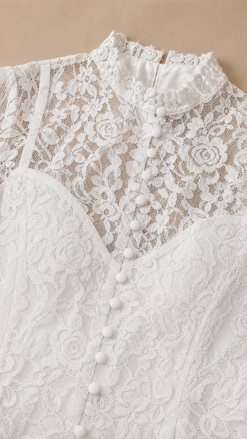 Close-up detail of front buttons and floral lace bodice