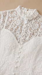 Close-up detail of front buttons and floral lace bodice