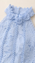 Close-up of light blue halter neckline and 3D floral lace details