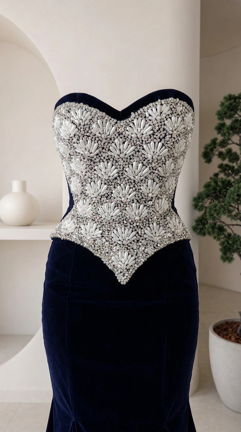 Close-up of beaded crystal sweetheart corset bodice