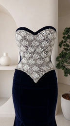 Close-up of beaded crystal sweetheart corset bodice