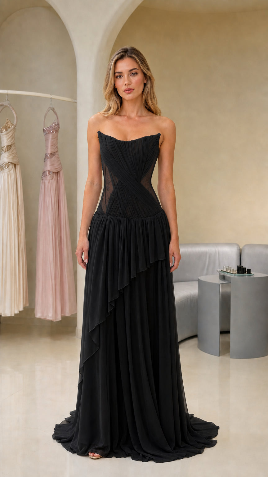 Front view of black strapless evening gown
