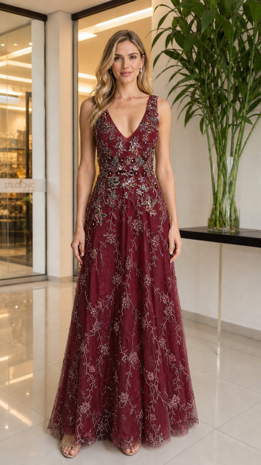 Front view of model wearing burgundy evening gown