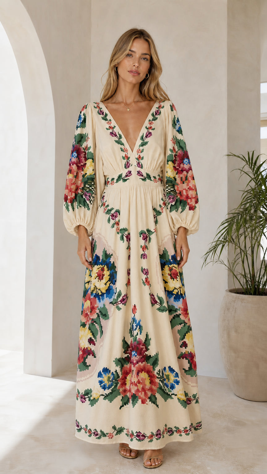 Front view of cream floral embroidered maxi dress variant