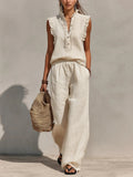 Sleeveless Ruffled V-neck Top And Elastic-waist Wide-leg Pants