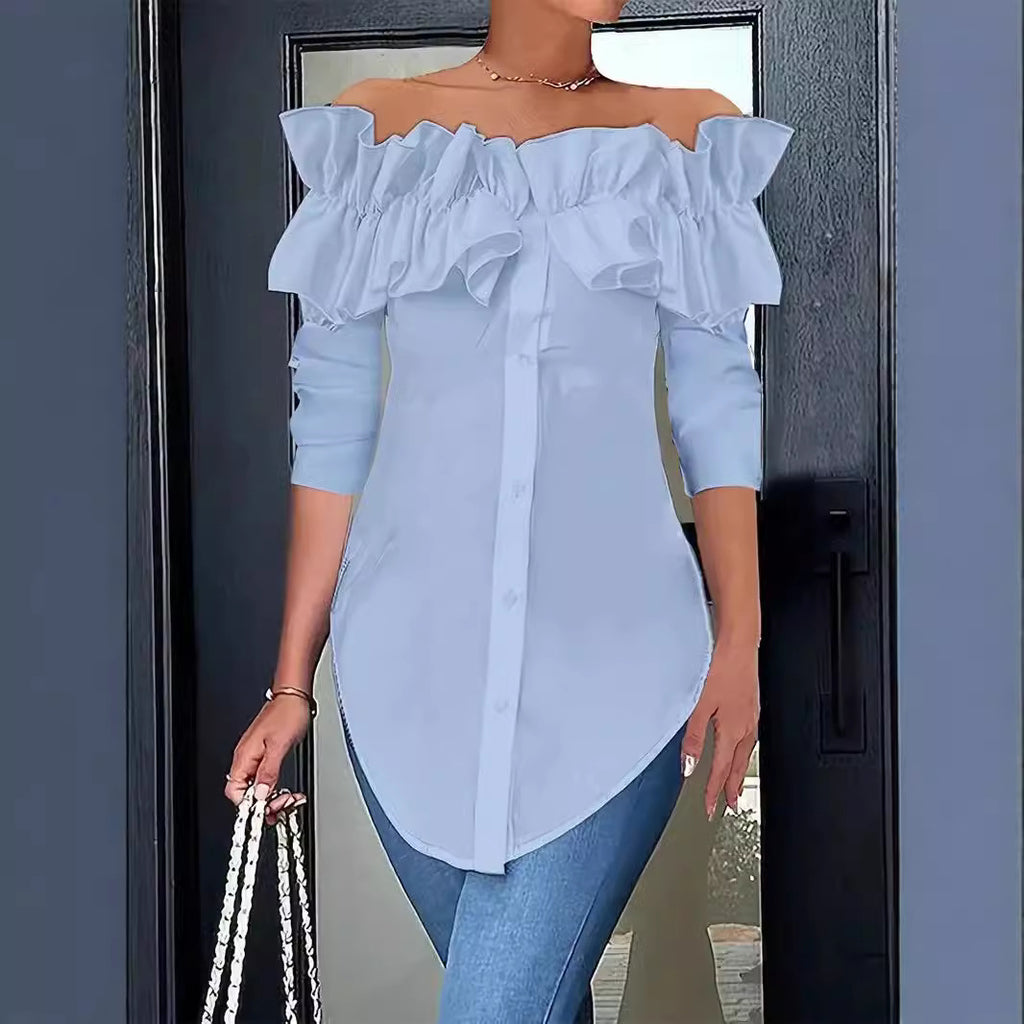Simple Solid-Color Off-the-Shoulder Ruffle-Trim Shirt Top