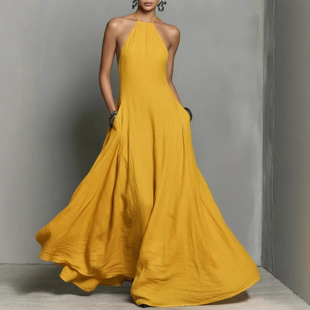 Womens Solid-Color Cotton-Linen Blend Simple Sleeveless Maxi Dress