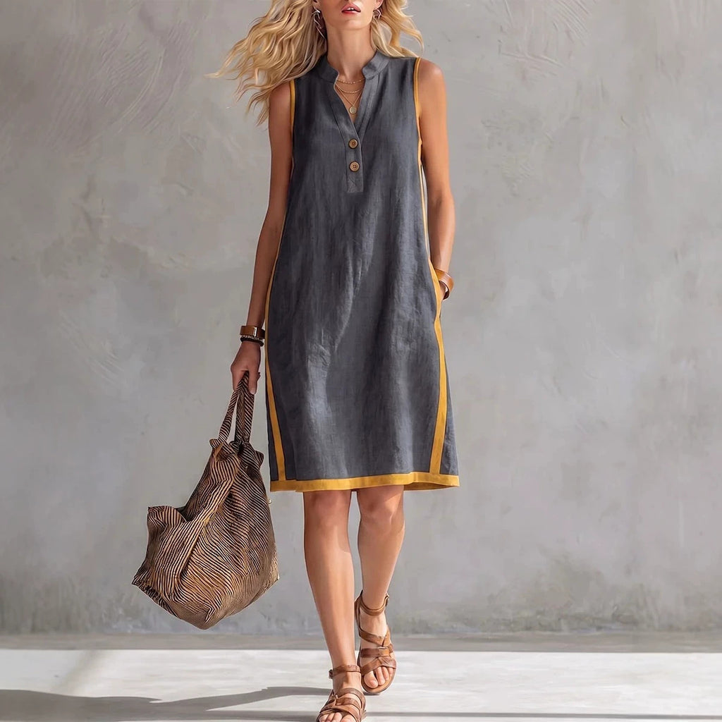 Sleeveless V-neck Pocketed Button Casual Dress