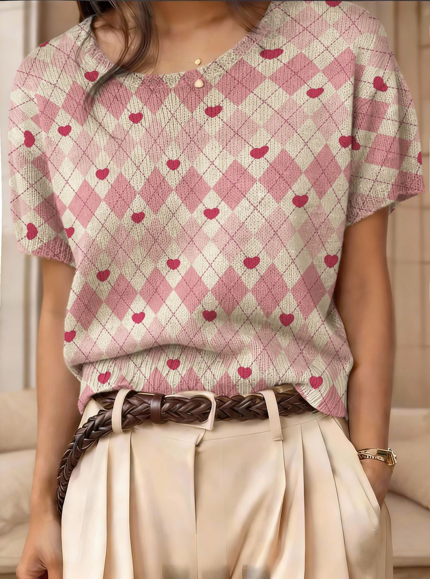 Retro Short-Sleeve Sweater Contrast-Color Jacquard Knit Top