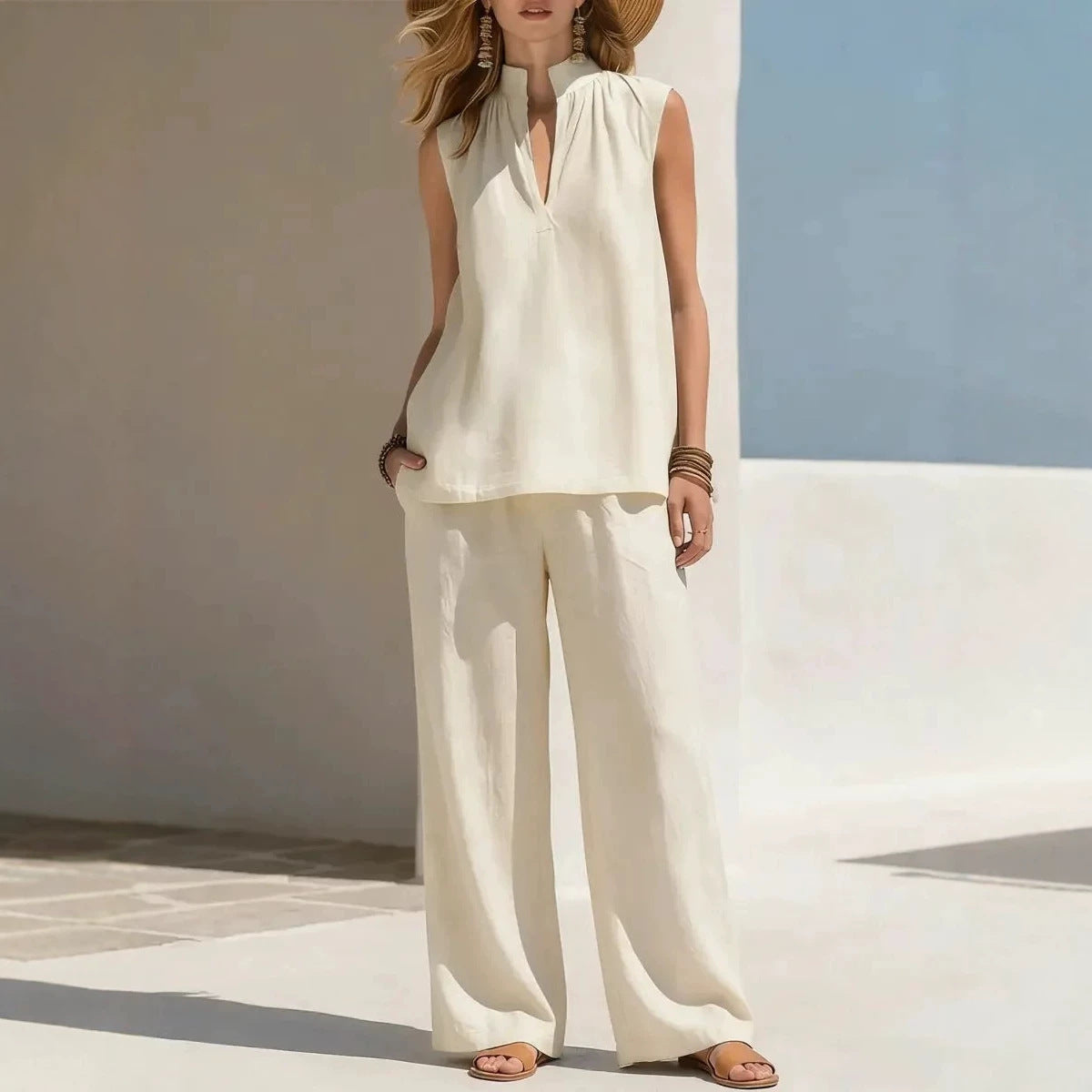 Sleeveless Stand-Neck Casual Womens Set