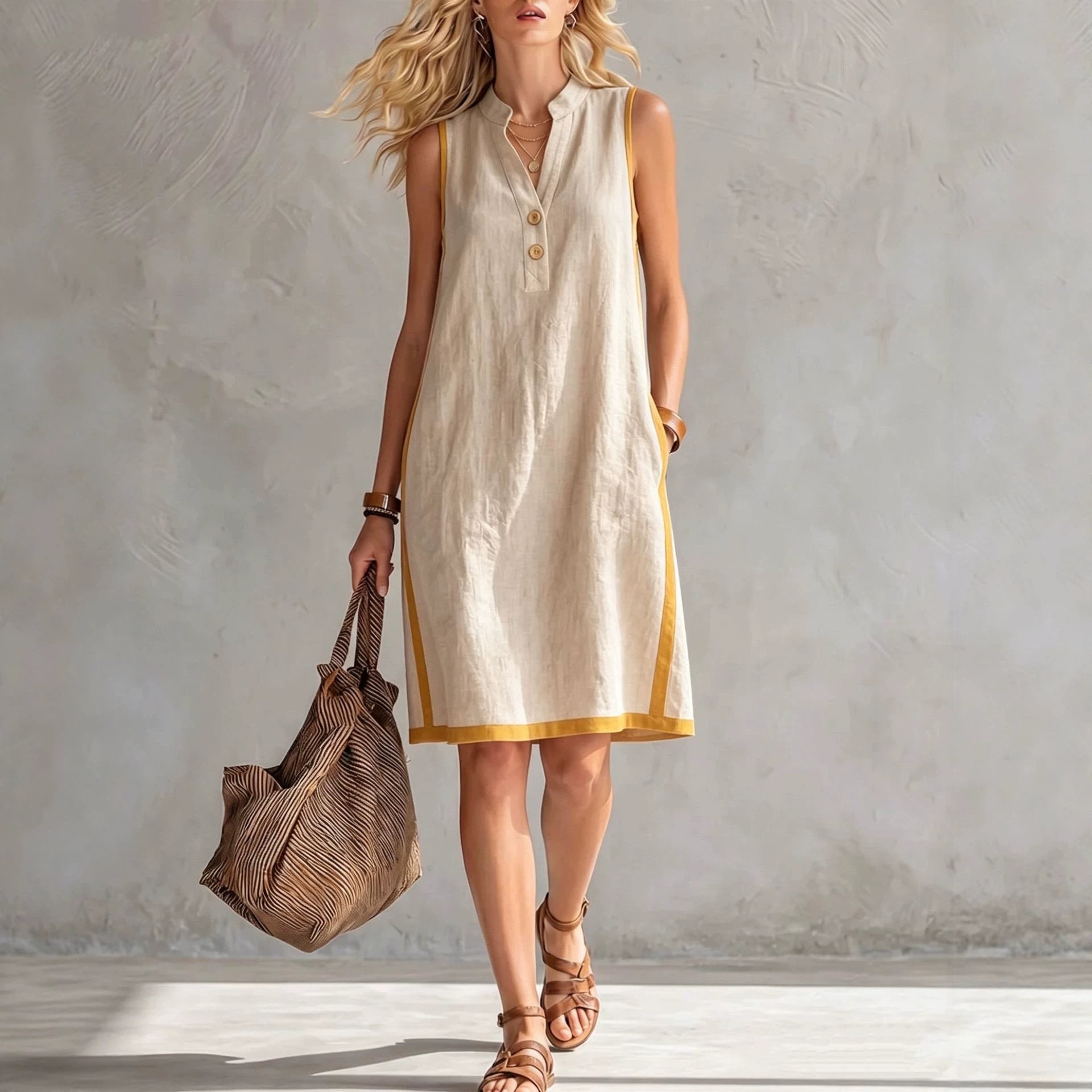Sleeveless V-neck Pocketed Button Casual Dress
