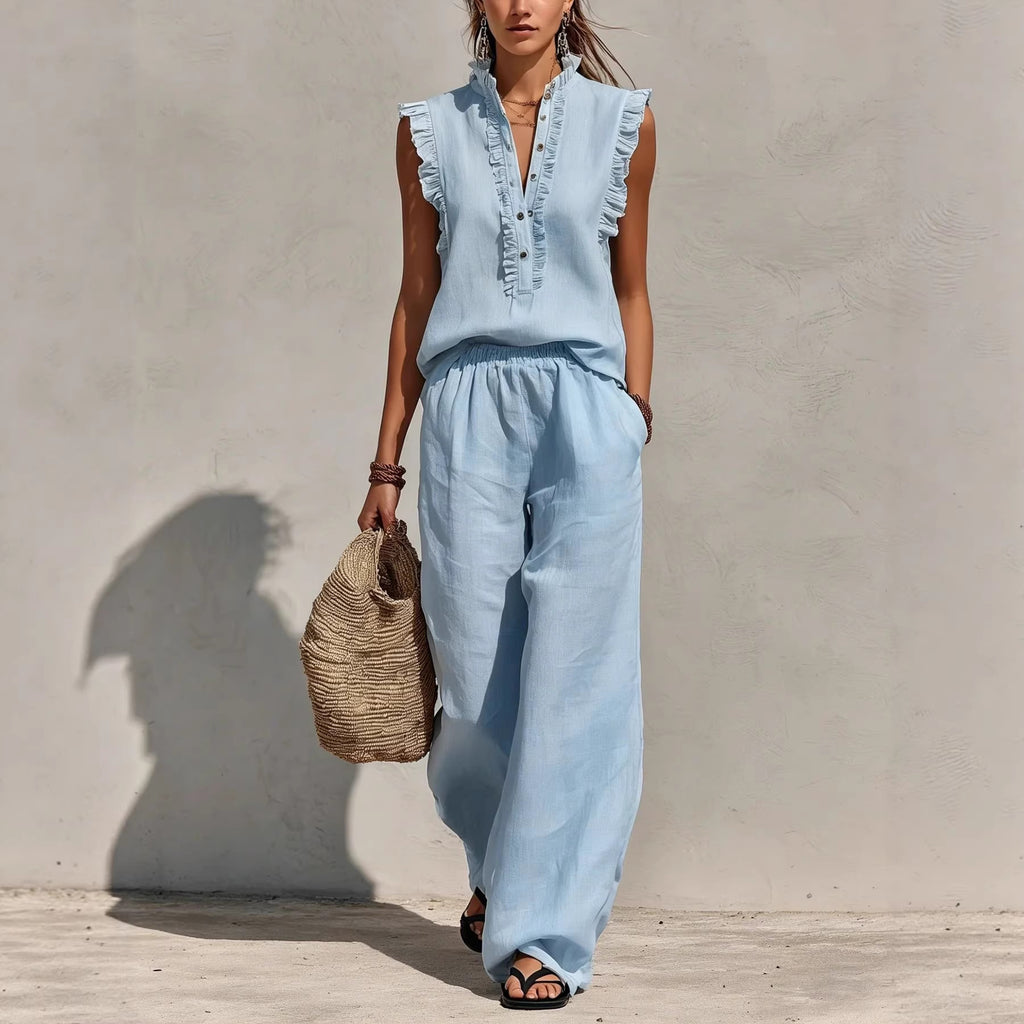 Sleeveless Ruffled V-neck Top And Elastic-waist Wide-leg Pants